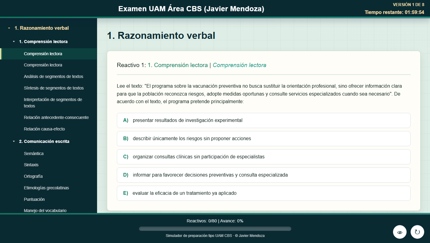 Captura de la versión completa de Demo Examen UAM CBS