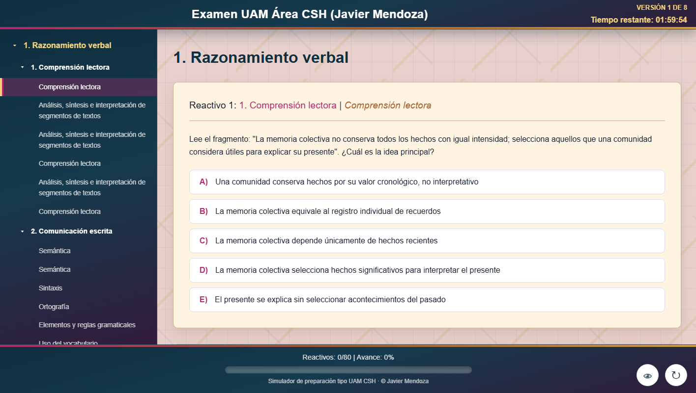 Captura de la versión completa de Demo Examen UAM CSH