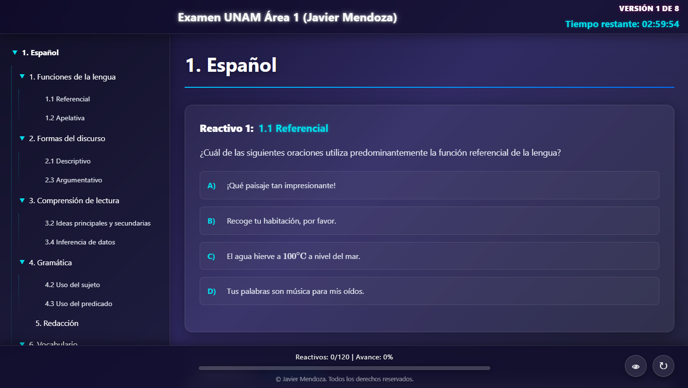 Captura de la versión completa de Demo Examen UNAM Área 1
