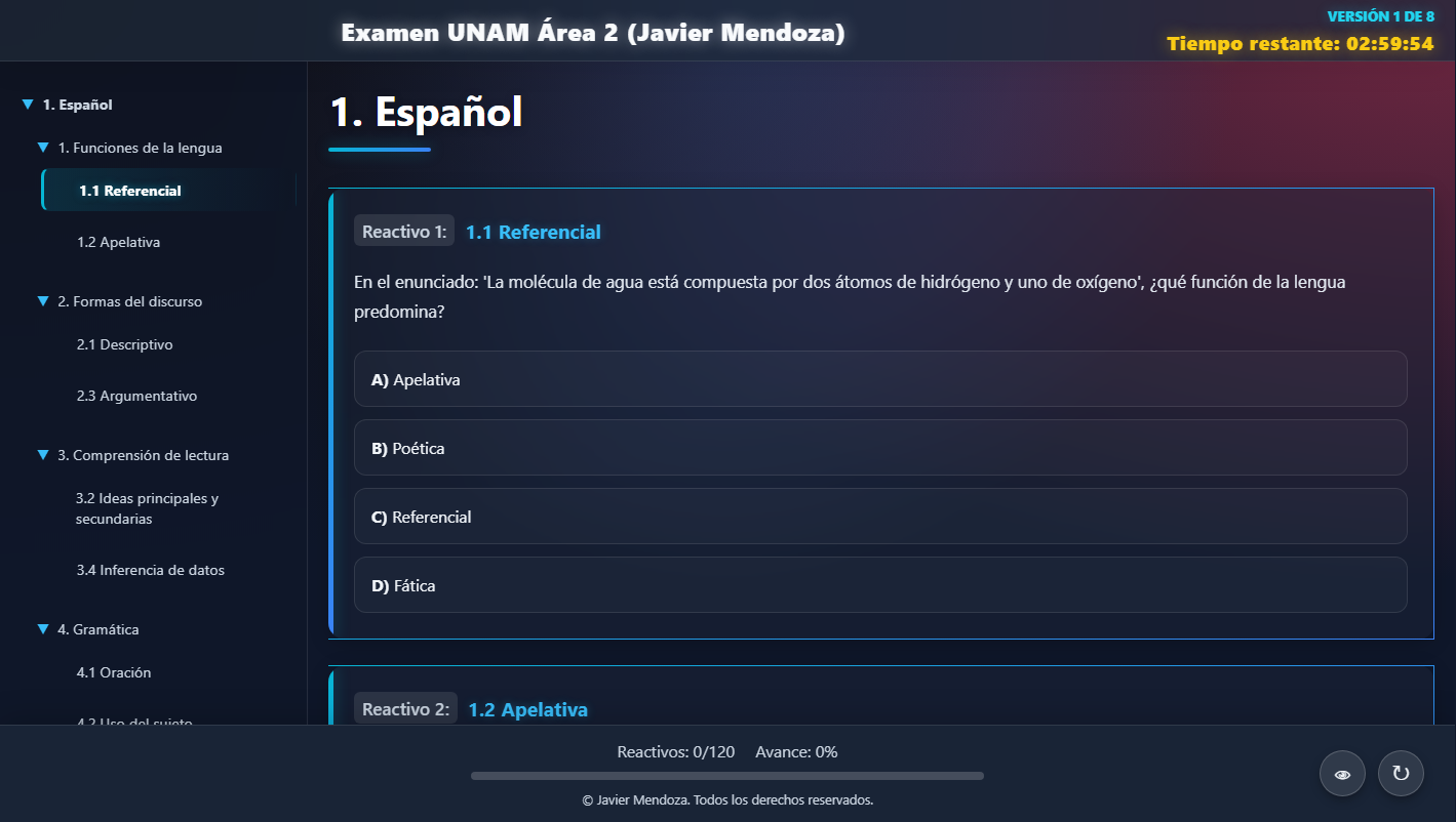 Captura de la versión completa de Demo Examen UNAM Área 2