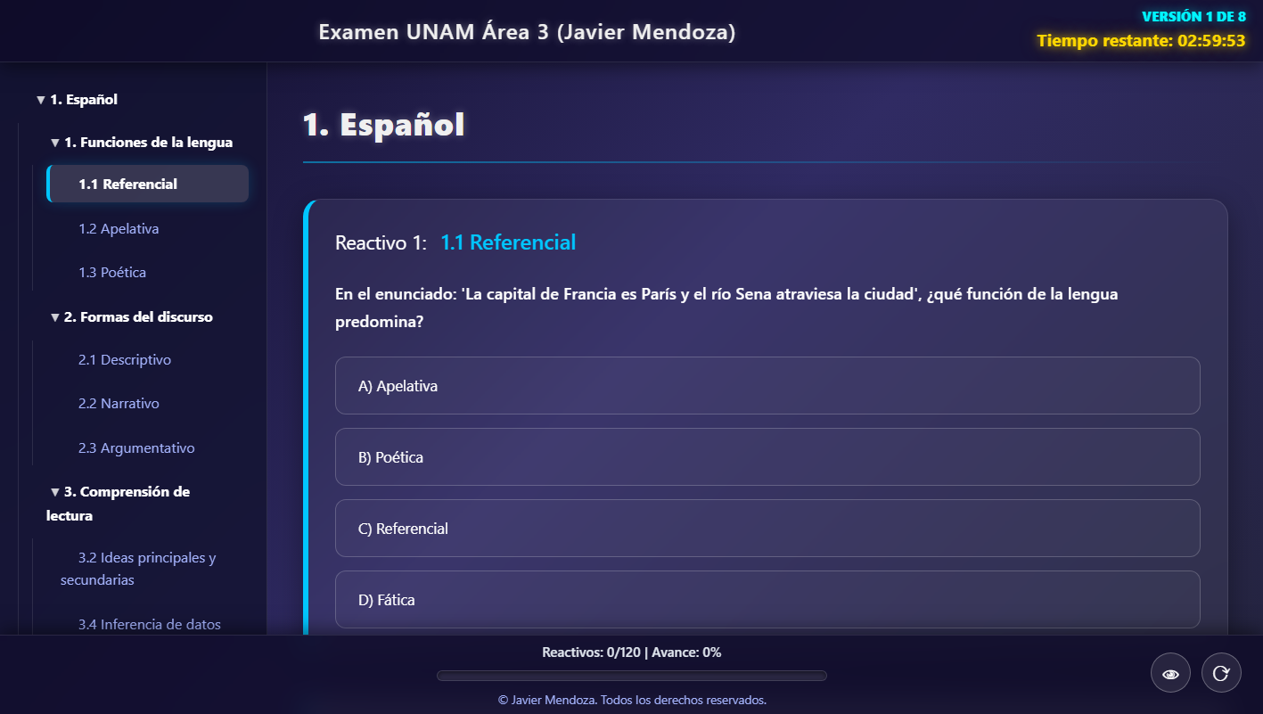 Captura de la versión completa de Demo Examen UNAM Área 3