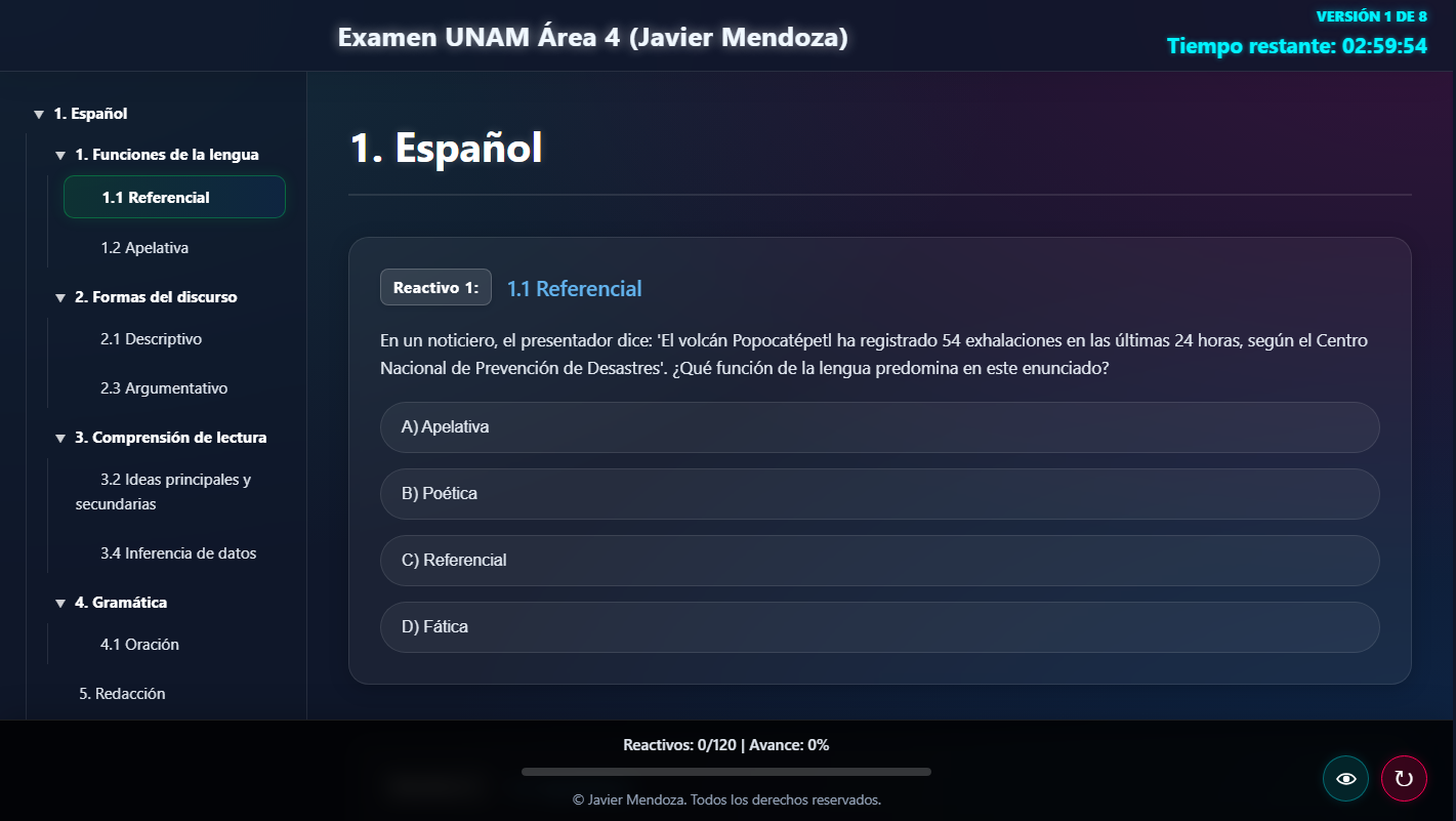 Captura de pantalla de Examen UNAM Área 4